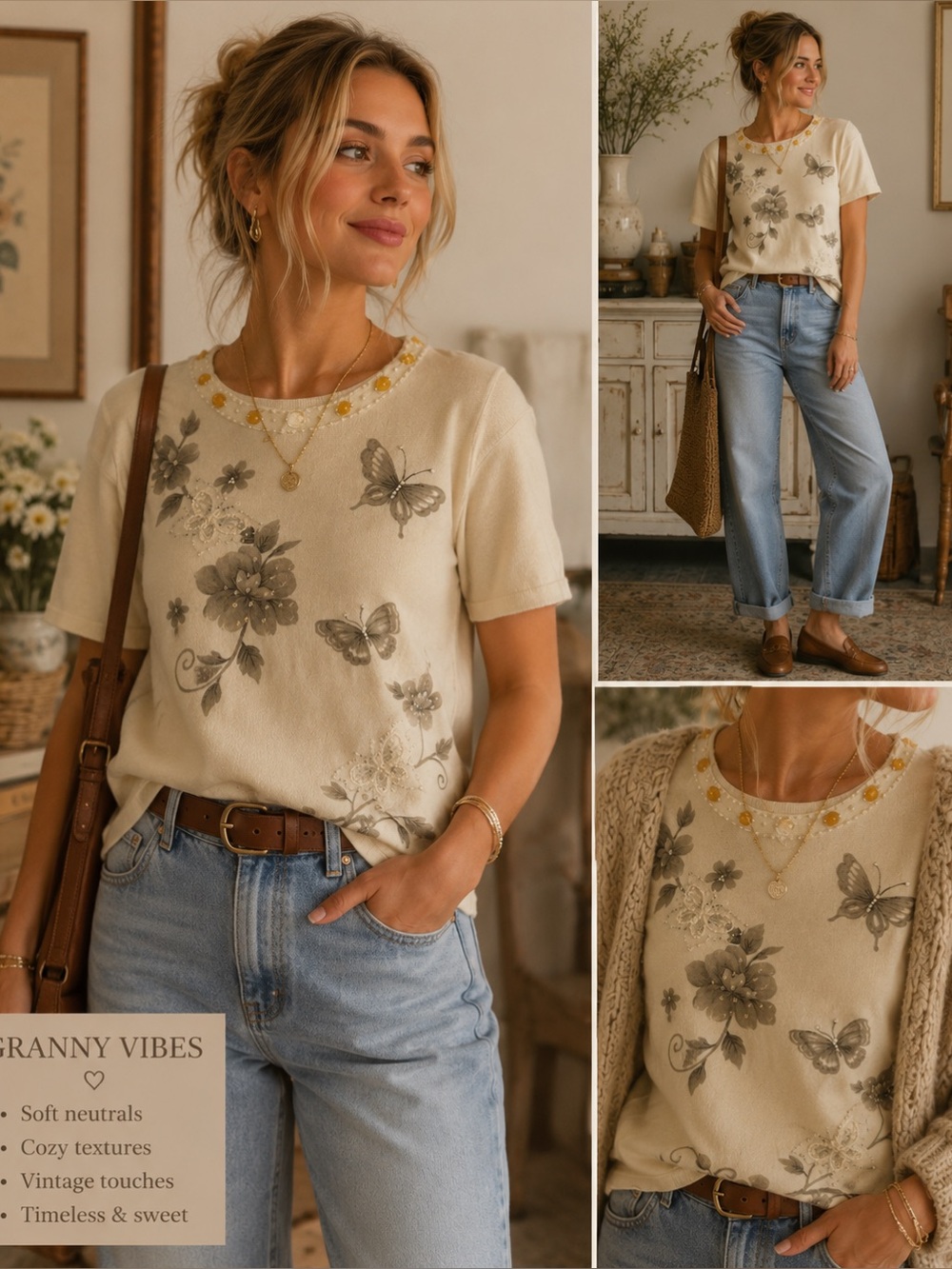 Source Unknown Cream Floral Butterfly Crewneck Sweater
